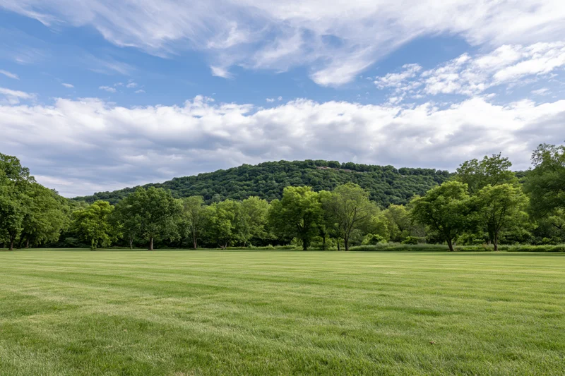 Neatly trimmed grass lawn stretching toward a tree-covered hill under a partly cloudy blue sky