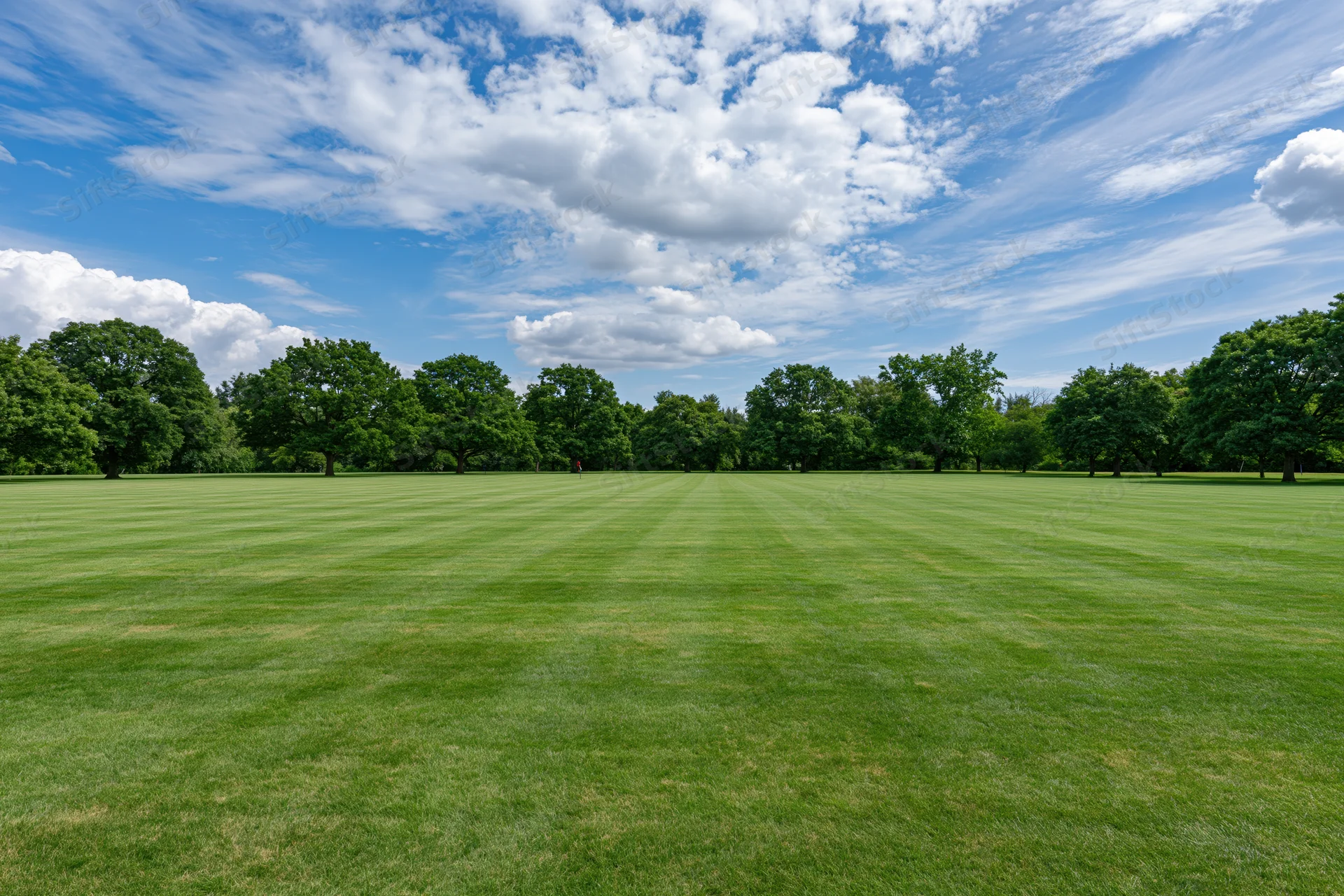 Wide open park lawn stretching to a tree line under a blue sky with scattered clouds