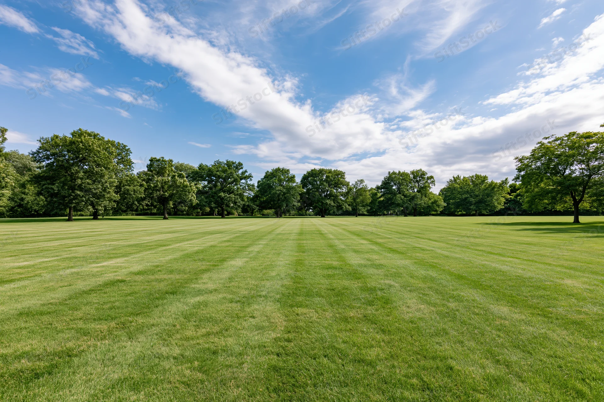 Wide open park lawn stretching to a tree line under a blue sky with scattered clouds