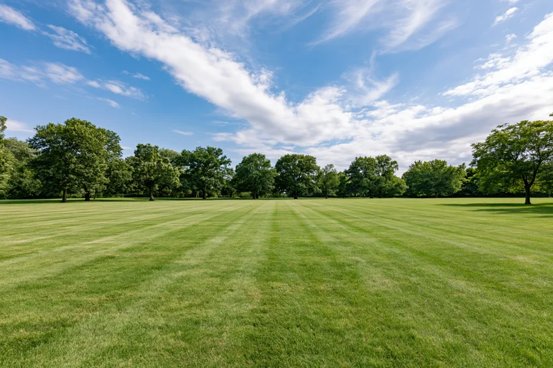 Wide open park lawn stretching to a tree line under a blue sky with scattered clouds