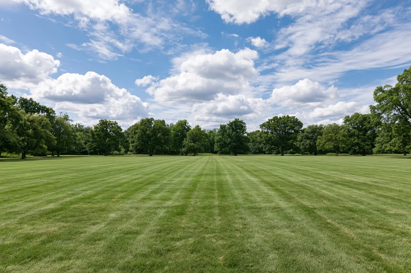 Wide open mowed lawn stretching to a tree line in a public park under a blue sky with scattered clouds