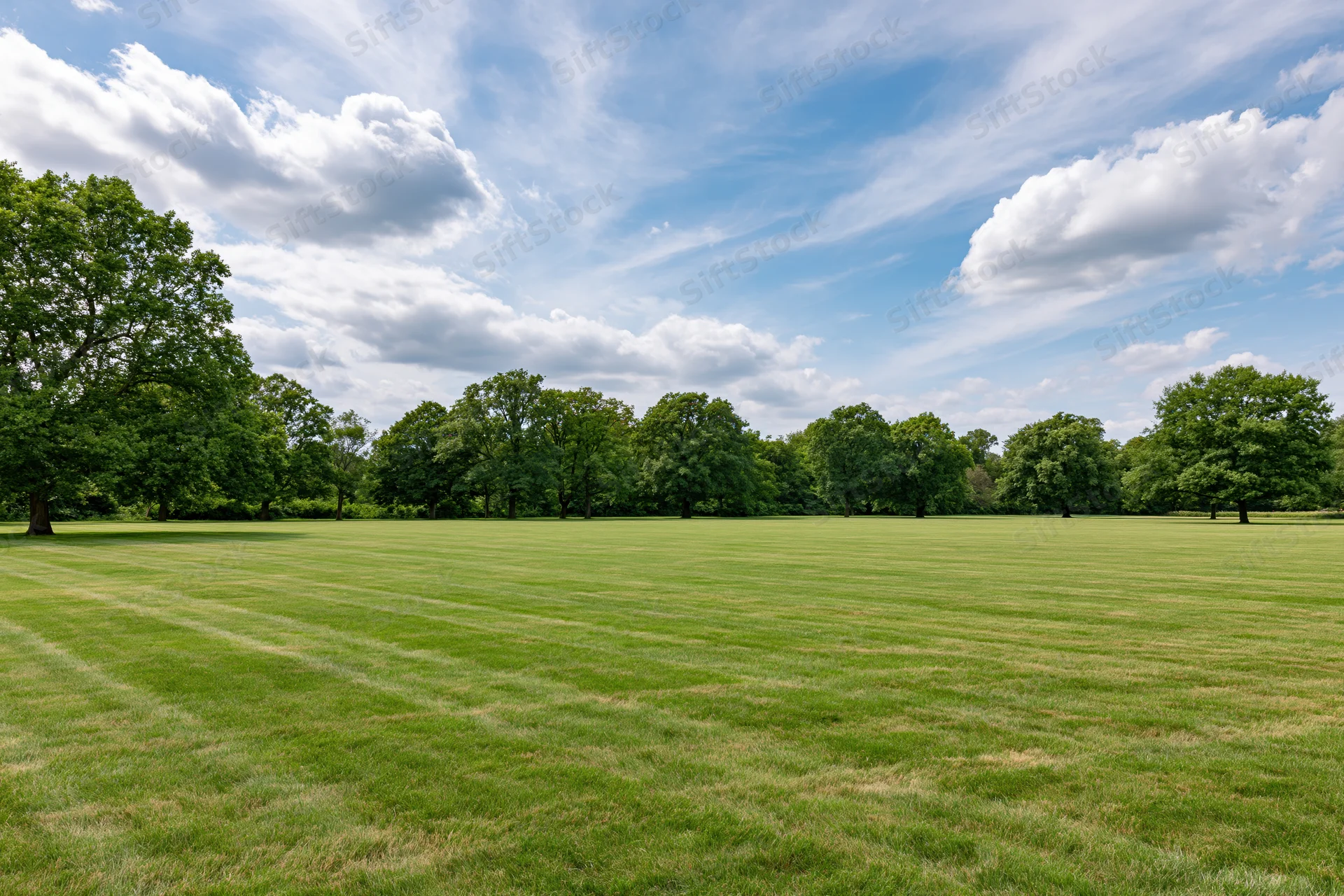 Wide open park lawn stretching to a line of mature trees under a blue sky with scattered clouds