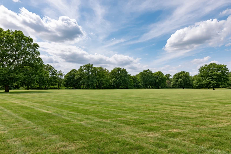 Wide open park lawn stretching to a line of mature trees under a blue sky with scattered clouds