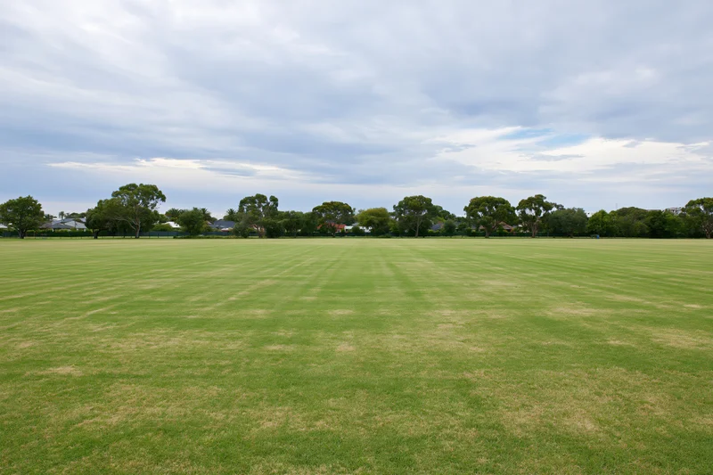 Wide open suburban oval with flat mown grass stretching to a tree-lined horizon under an overcast sky