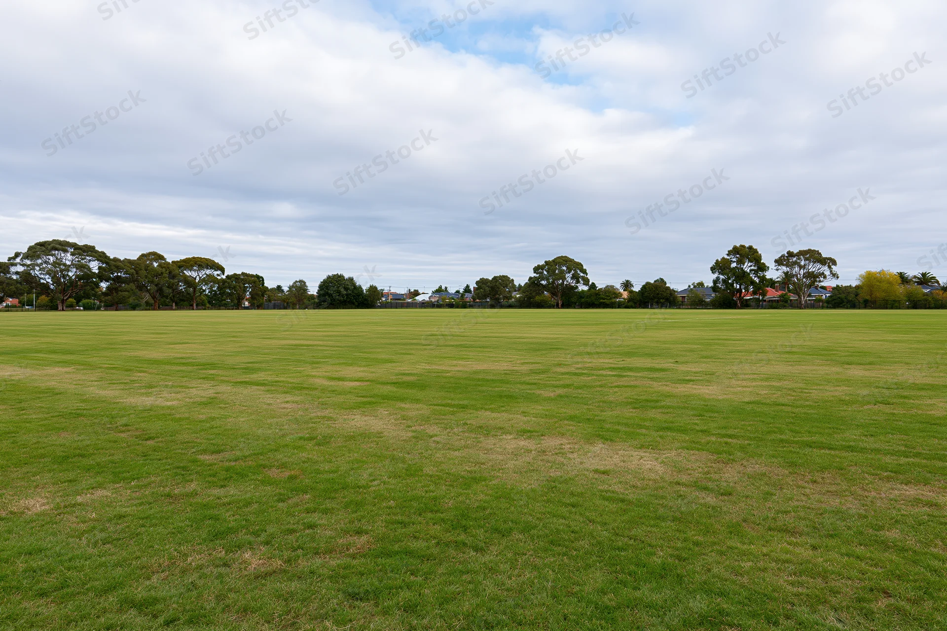 Wide open mown grass field stretching to a tree-lined suburban horizon under a cloudy sky