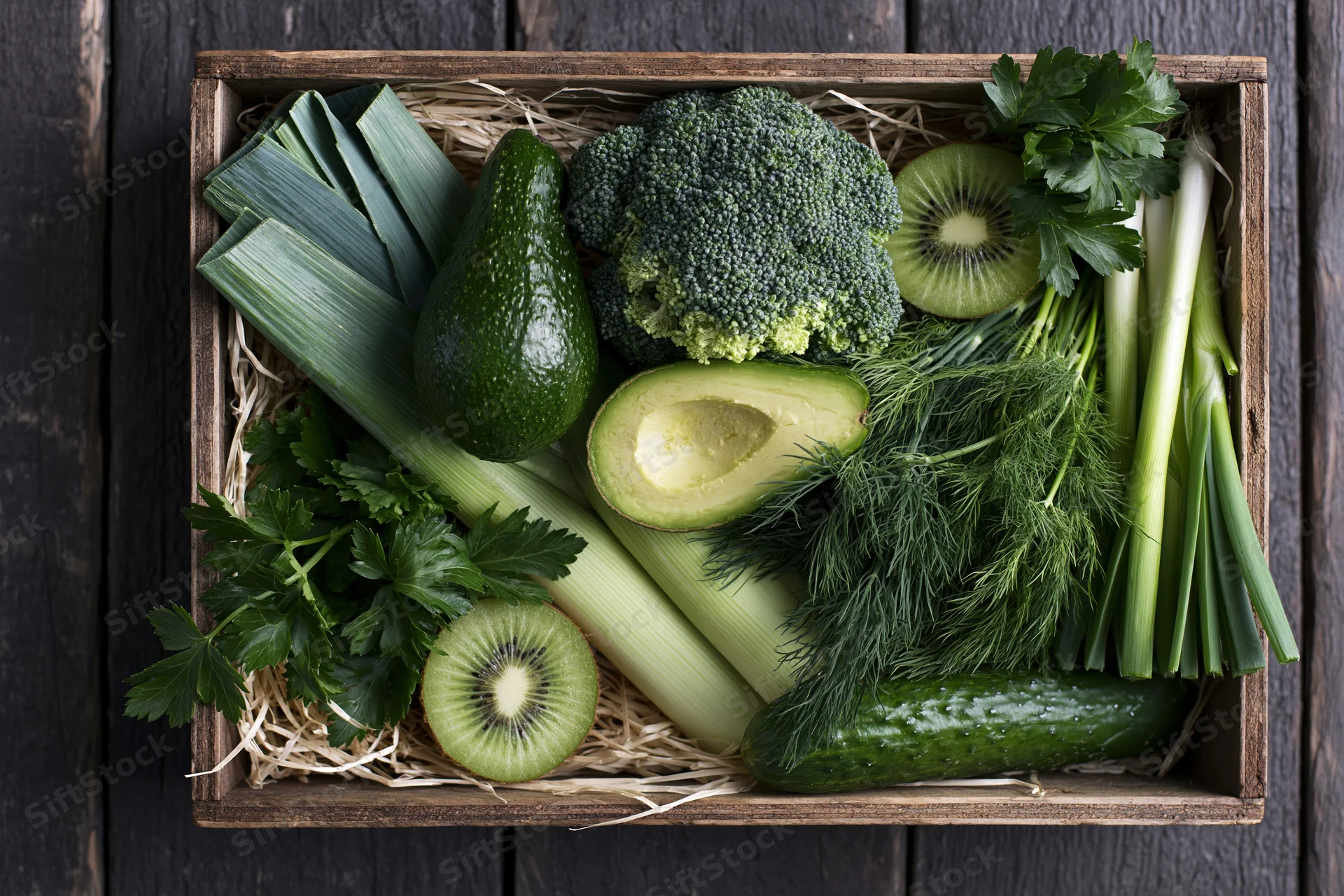 Wooden crate filled with assorted green vegetables and fruits arranged on straw on dark wood surface