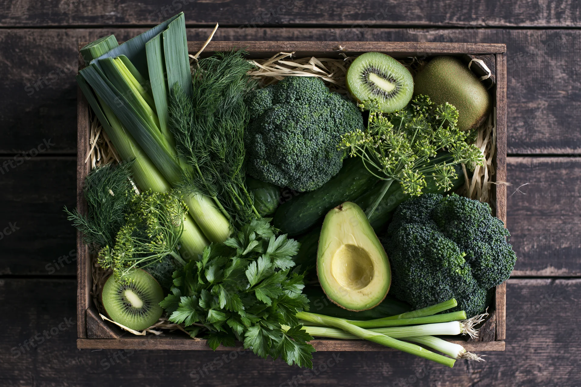 Wooden crate filled with assorted green vegetables and fruits arranged on straw on dark wood surface