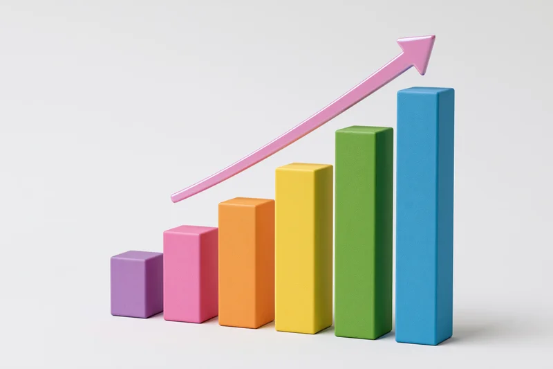 Ascending 3d bar chart with colorful columns and pink arrow indicating growth on white background