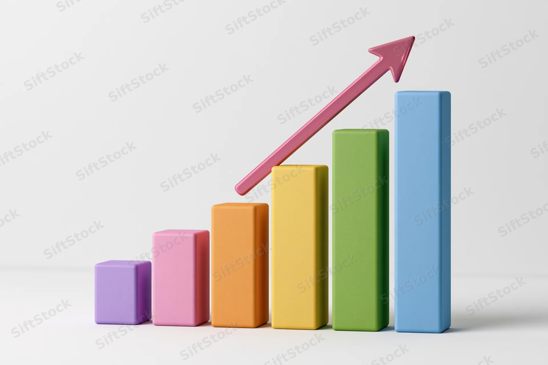 Ascending colorful 3d bar chart with pink arrow indicating growth on white background