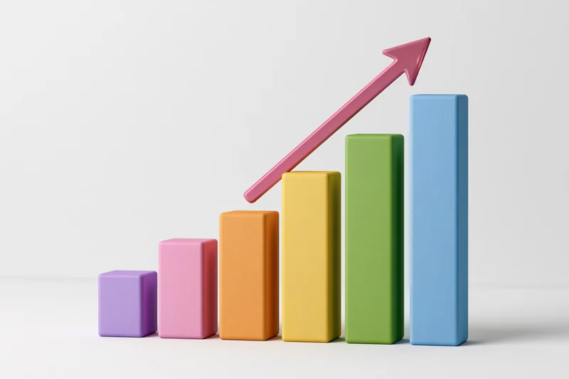 Ascending colorful 3d bar chart with pink arrow indicating growth on white background