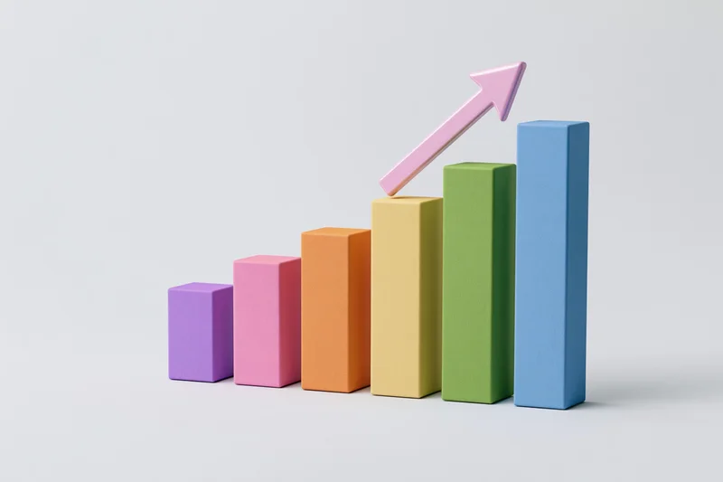 Ascending colorful 3d bar chart with pink arrow pointing upward on white background
