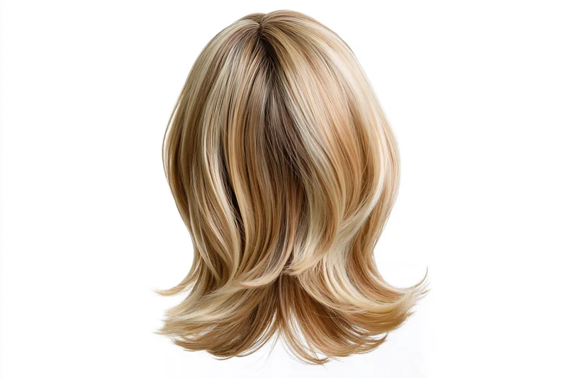 Blonde highlighted medium-length layered wig displayed alone on white background