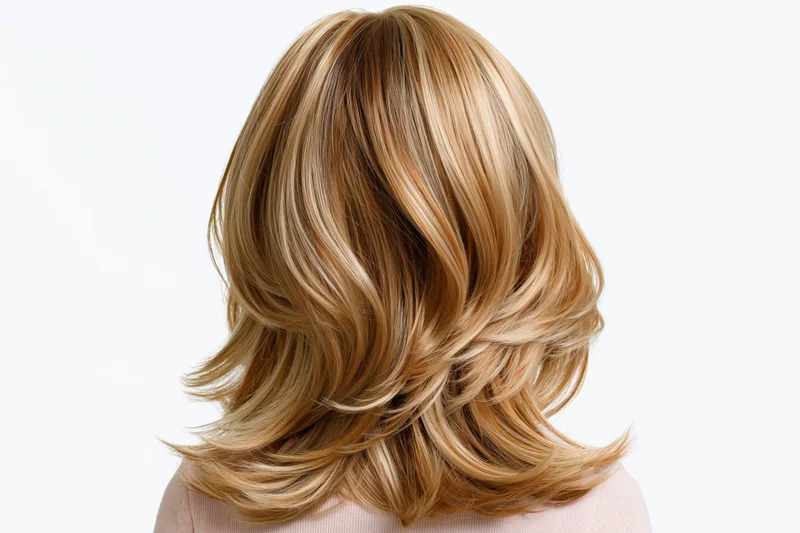 Back of a woman with a blonde highlighted medium-length layered wig, isolated on white