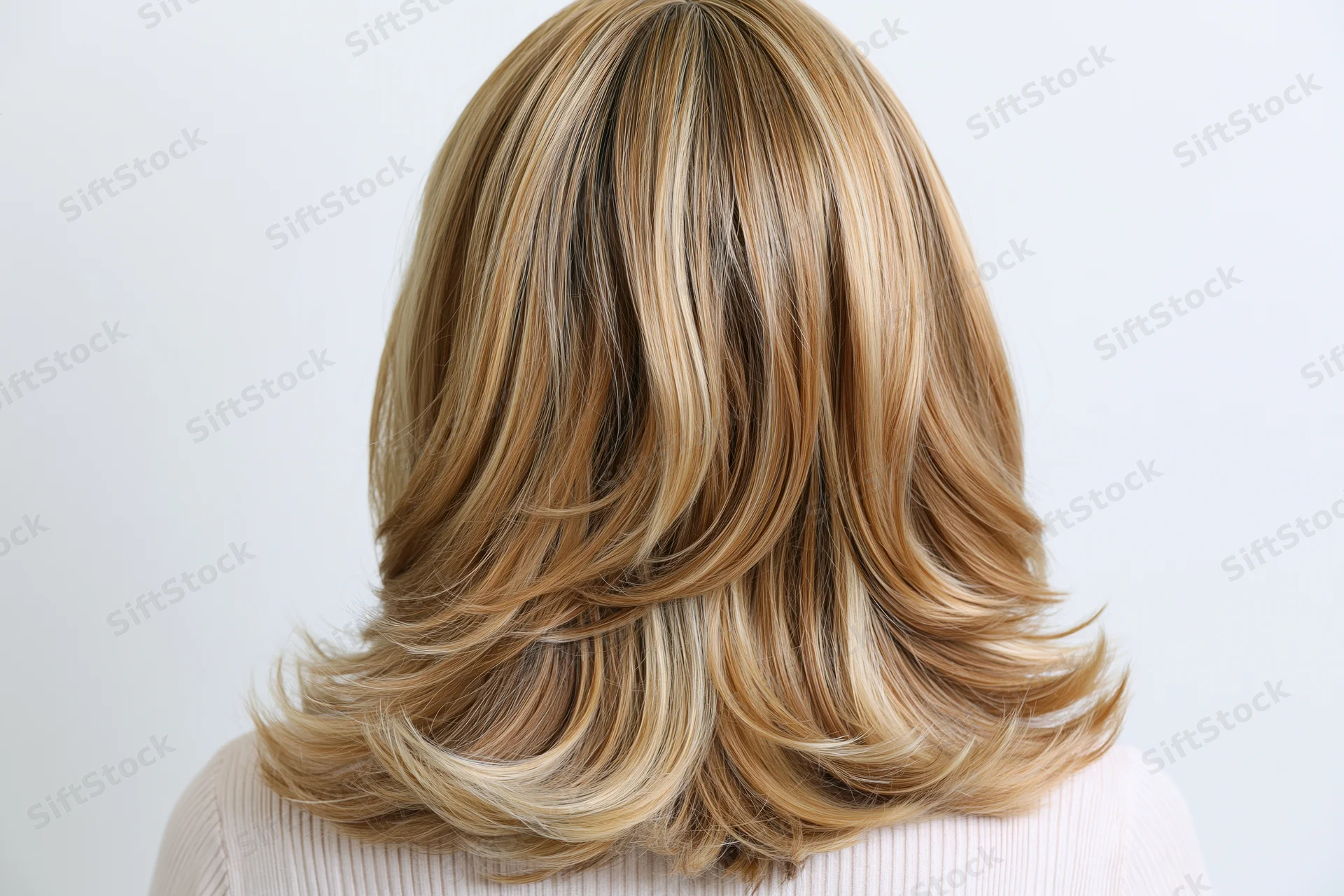 Back view of a woman wearing a blonde highlighted medium-length layered wig