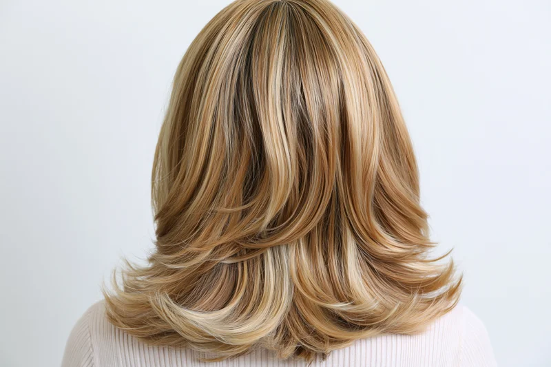 Back view of a woman wearing a blonde highlighted medium-length layered wig