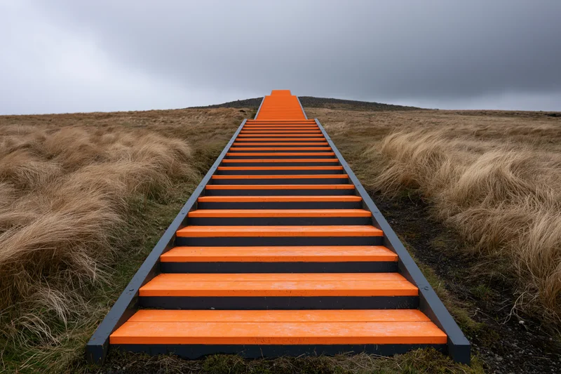 Bright orange geometric staircase ascending a grassy hill under an overcast sky