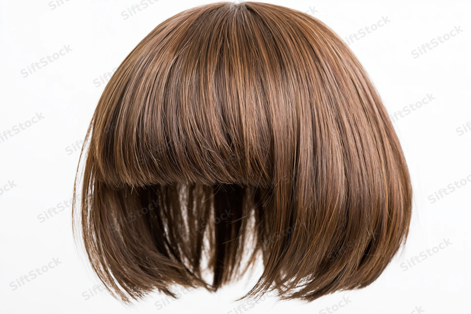 Brown bob-cut wig with straight bangs floating against white background