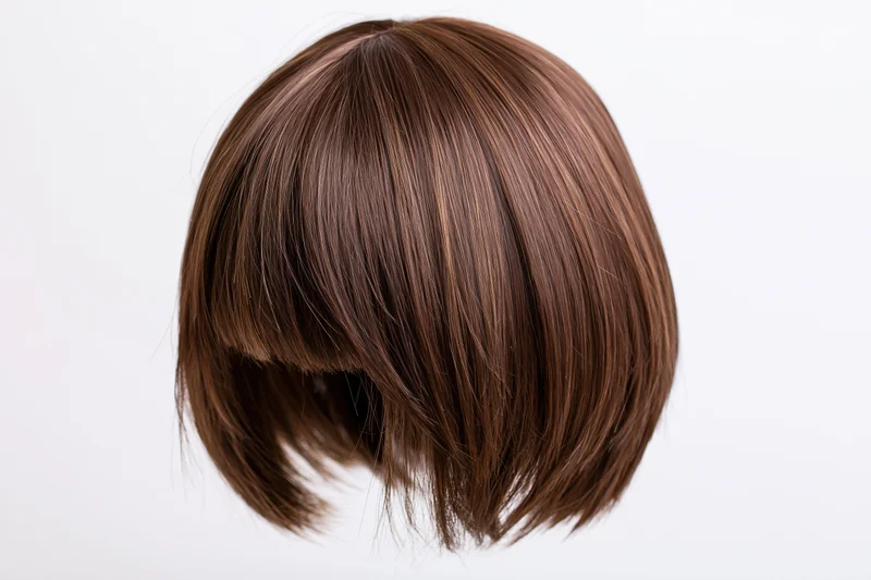 Brown bob-cut wig with straight bangs floating against white background