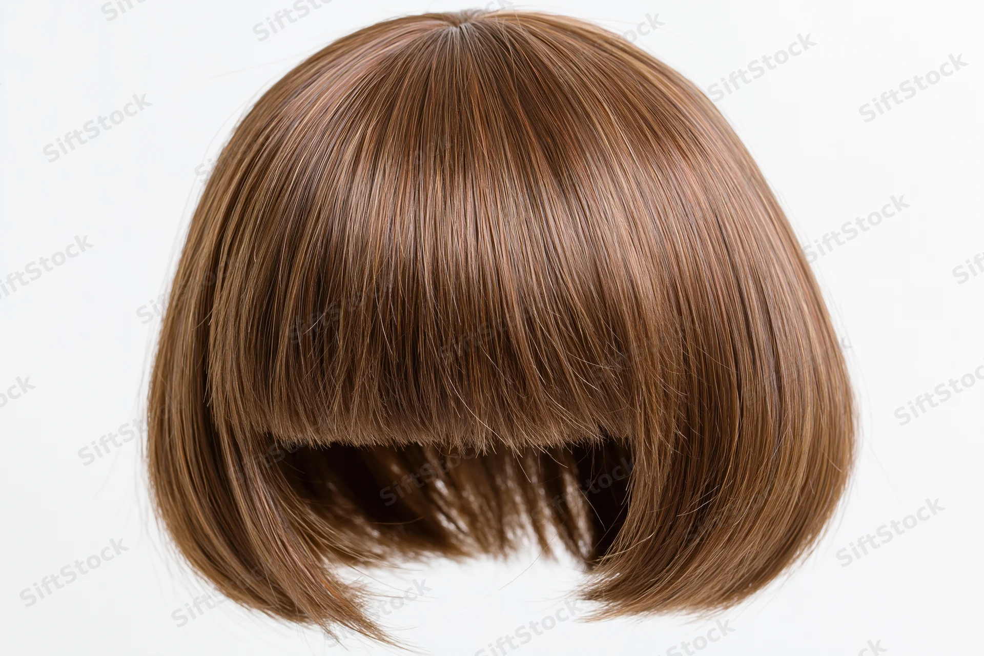 Brown bob-cut wig with straight bangs floating against white background