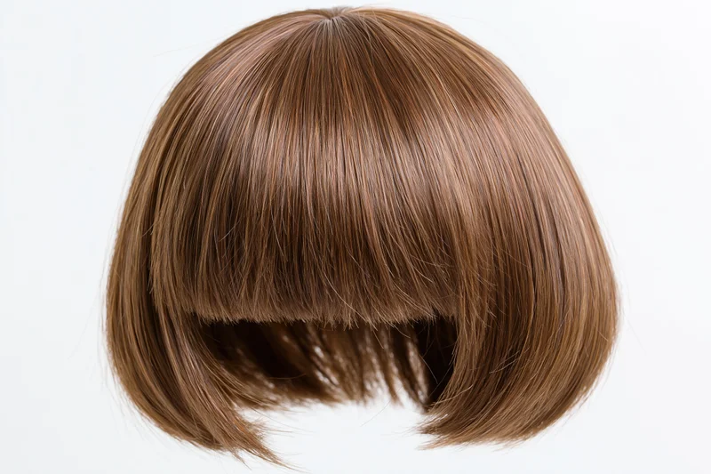 Brown bob-cut wig with straight bangs floating against white background
