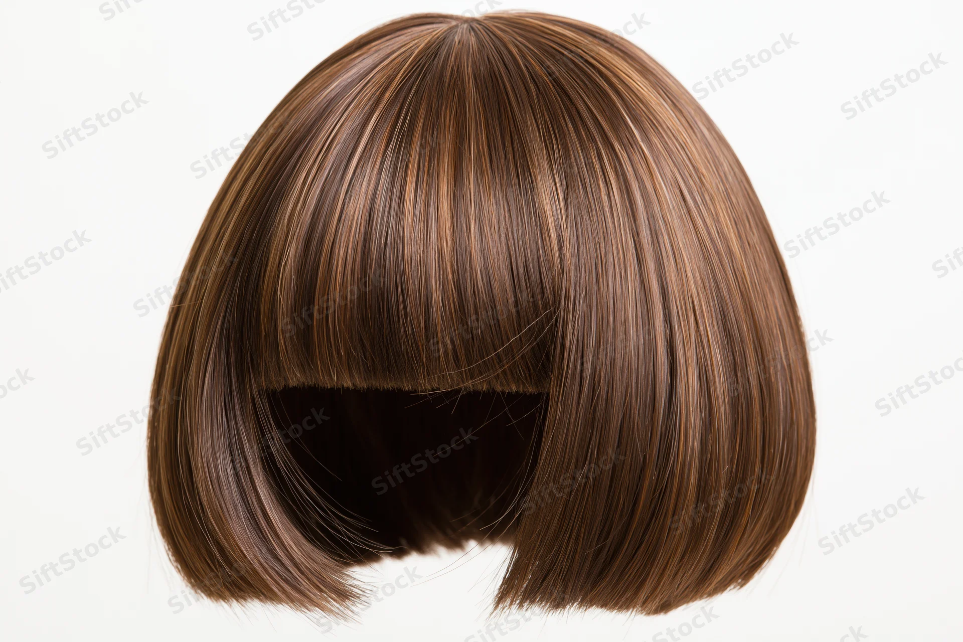 Brown bob-cut wig with straight bangs floating against white background