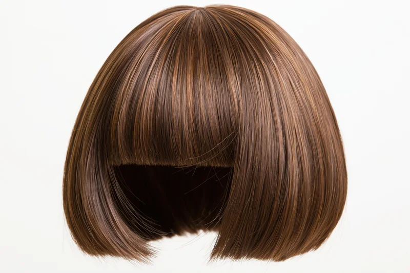Brown bob-cut wig with straight bangs floating against white background