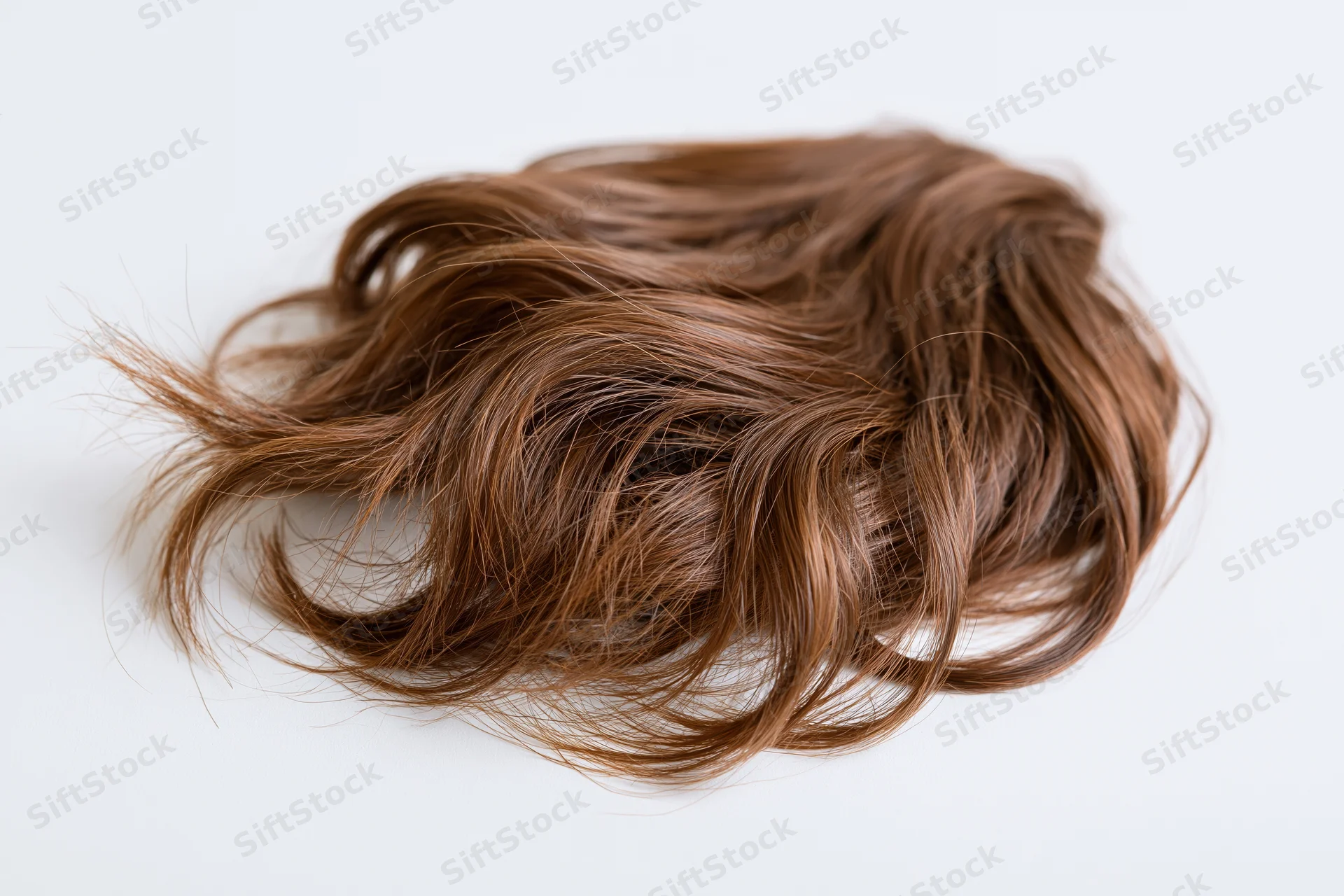 Clump of wavy brown human hair laid flat on white background