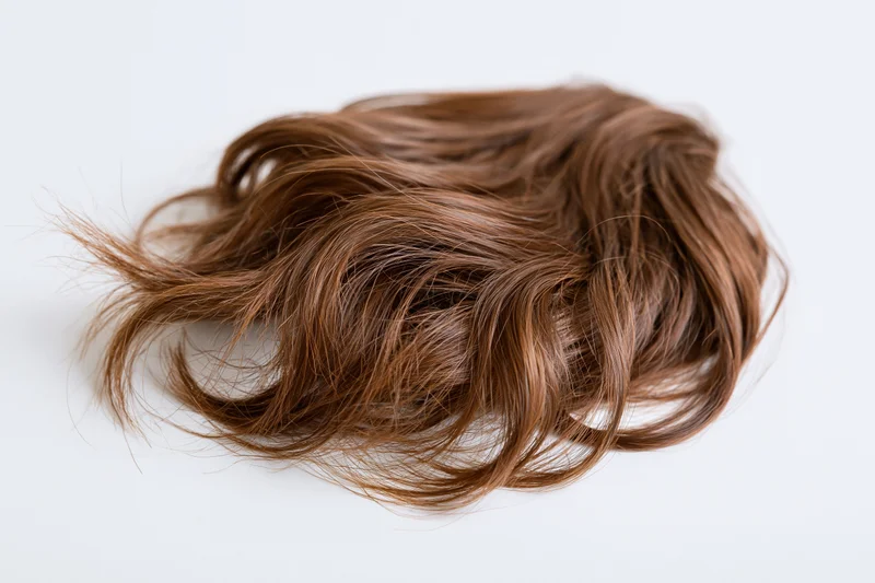 Clump of wavy brown human hair laid flat on white background