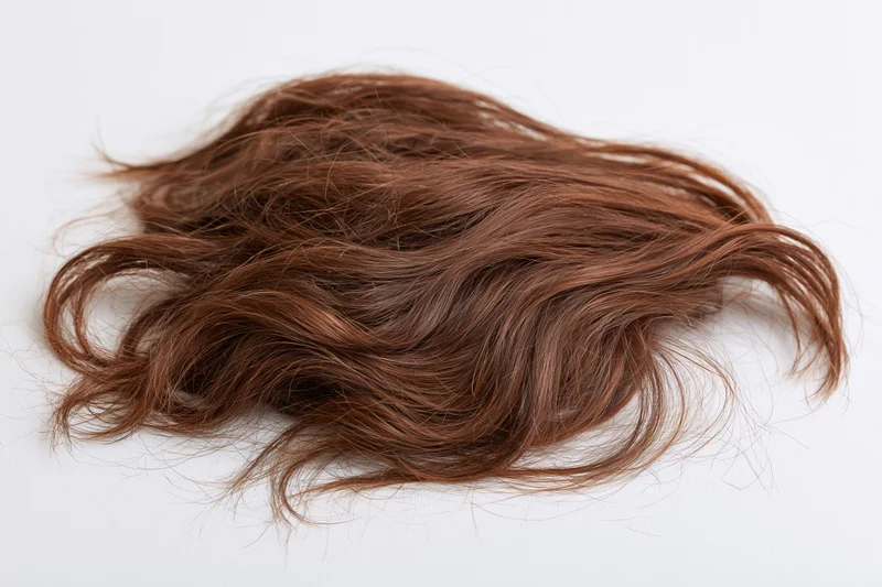 Clump of wavy brown human hair laid flat on white surface