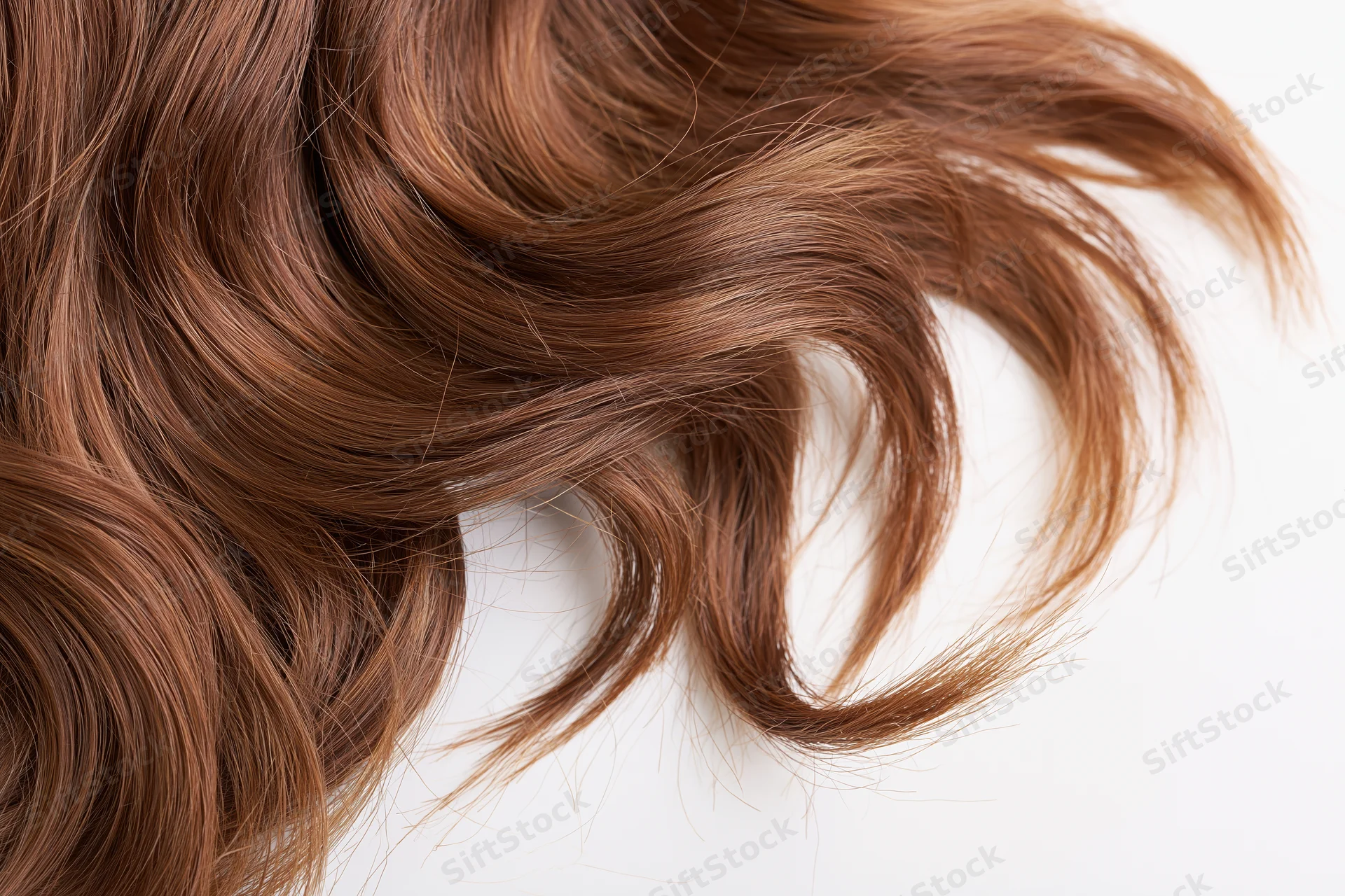 Wavy brown human hair laid flat against a plain white background