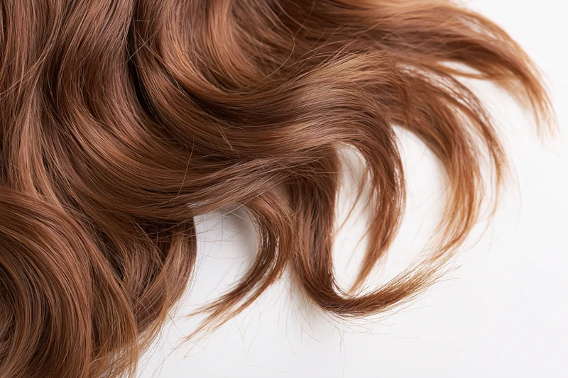 Wavy brown human hair laid flat against a plain white background