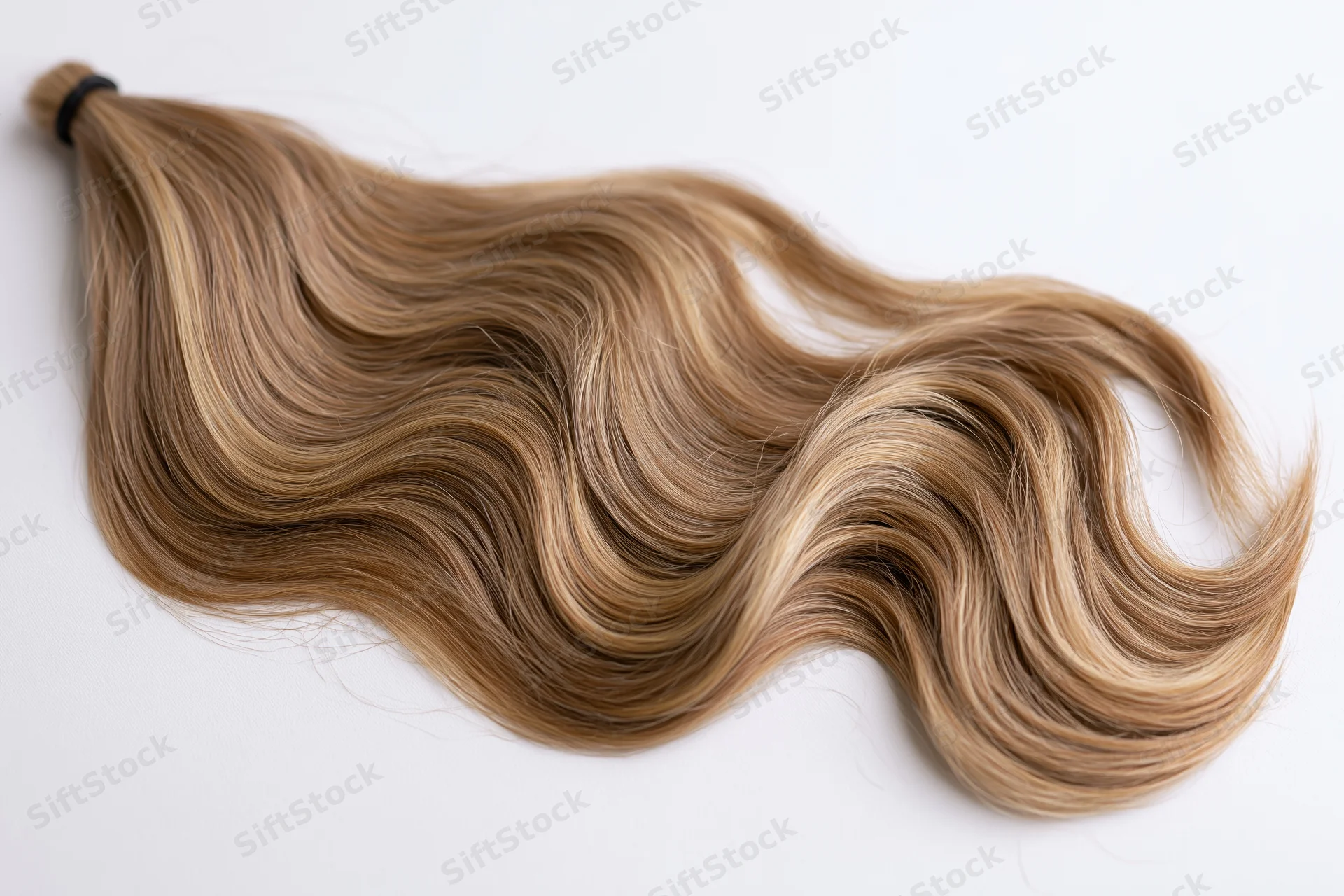 Wavy light brown hair extension bundle tied at top on white background