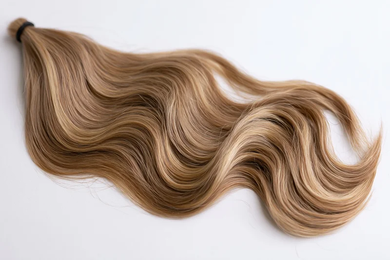 Wavy light brown hair extension bundle tied at top on white background