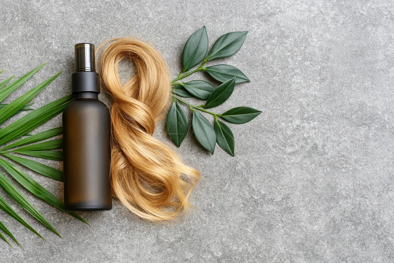 Dark amber spray bottle for hair care lying flat on grey surface with blonde hair and green leaves arranged beside it