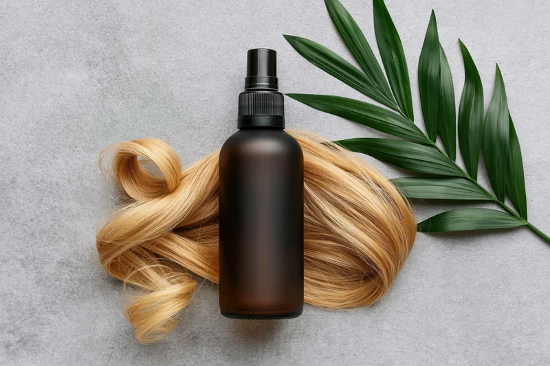 Dark amber spray bottle for hair care lying flat on gray surface with blonde hair and green leaf