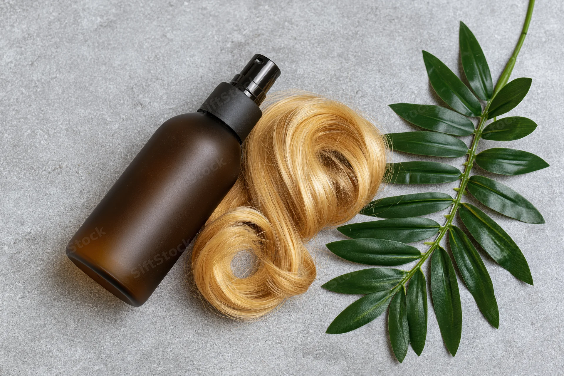 Dark amber spray bottle for hair care lying flat on gray surface beside blonde hair and green leaf