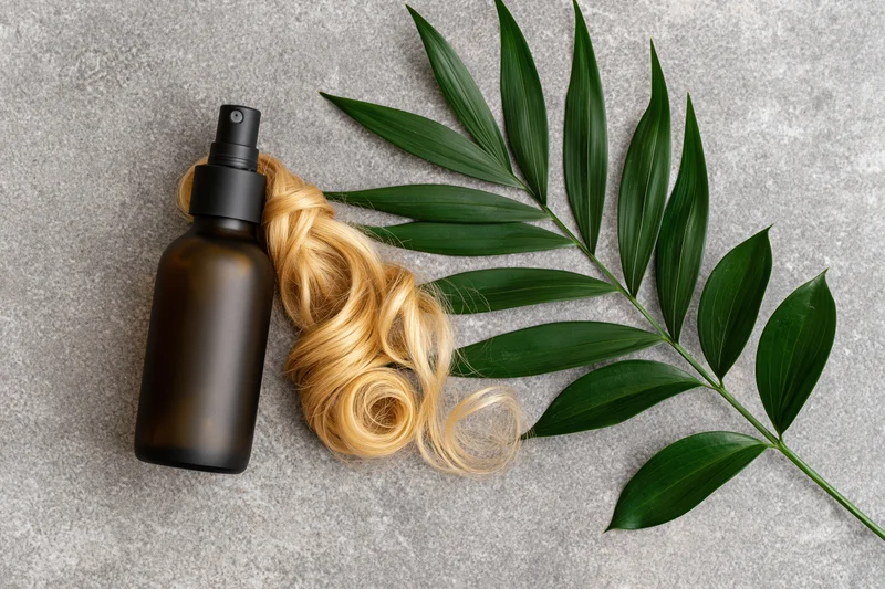 Dark amber spray bottle for hair care lying flat on gray surface beside blonde curly hair and green leaf