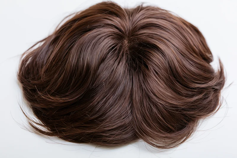 Dark brown wavy hairpiece lying flat on white surface
