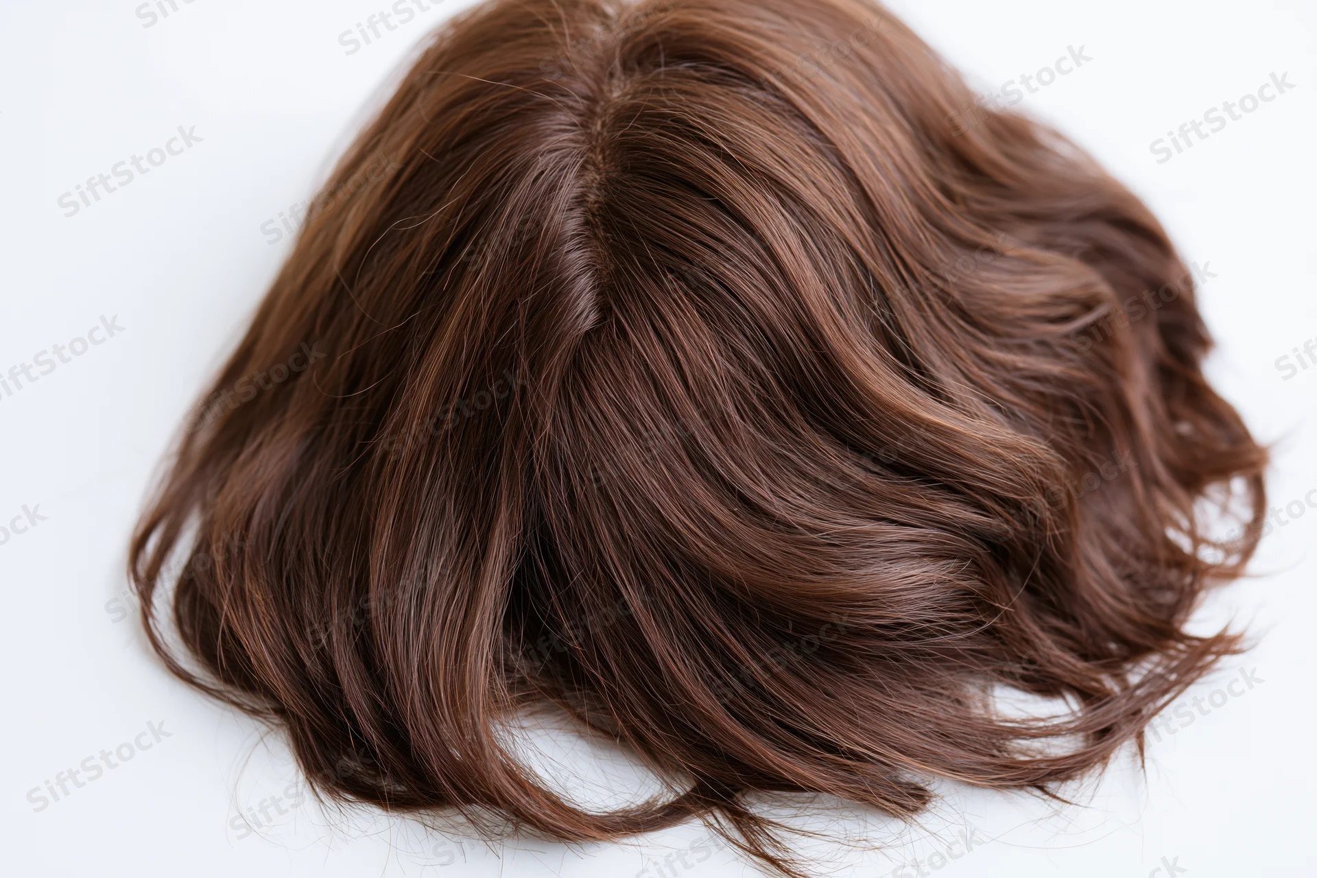 Dark brown wavy hairpiece lying flat on white surface