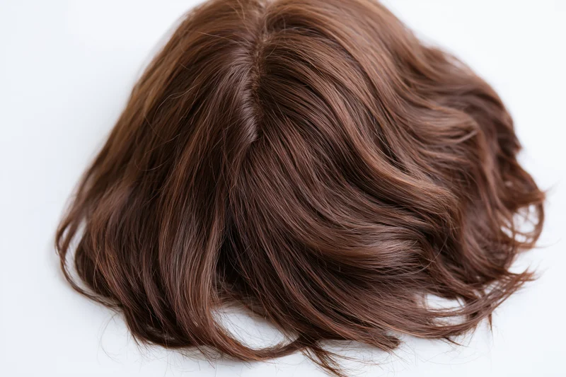 Dark brown wavy hairpiece lying flat on white surface