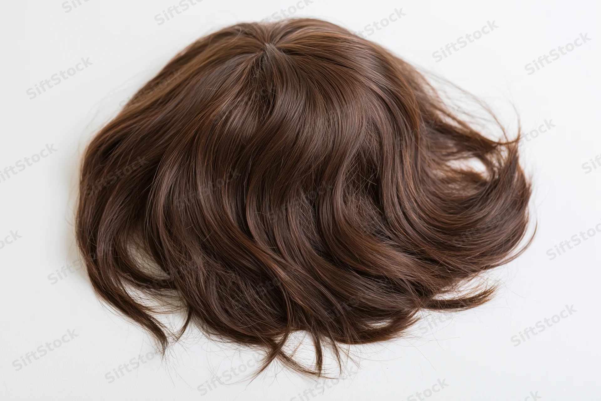 Dark brown wavy hairpiece lying flat on white surface