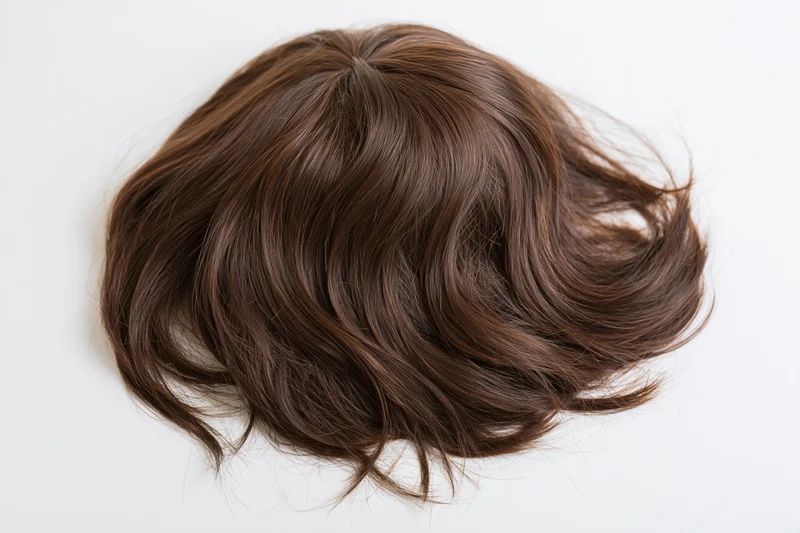 Dark brown wavy hairpiece lying flat on white surface