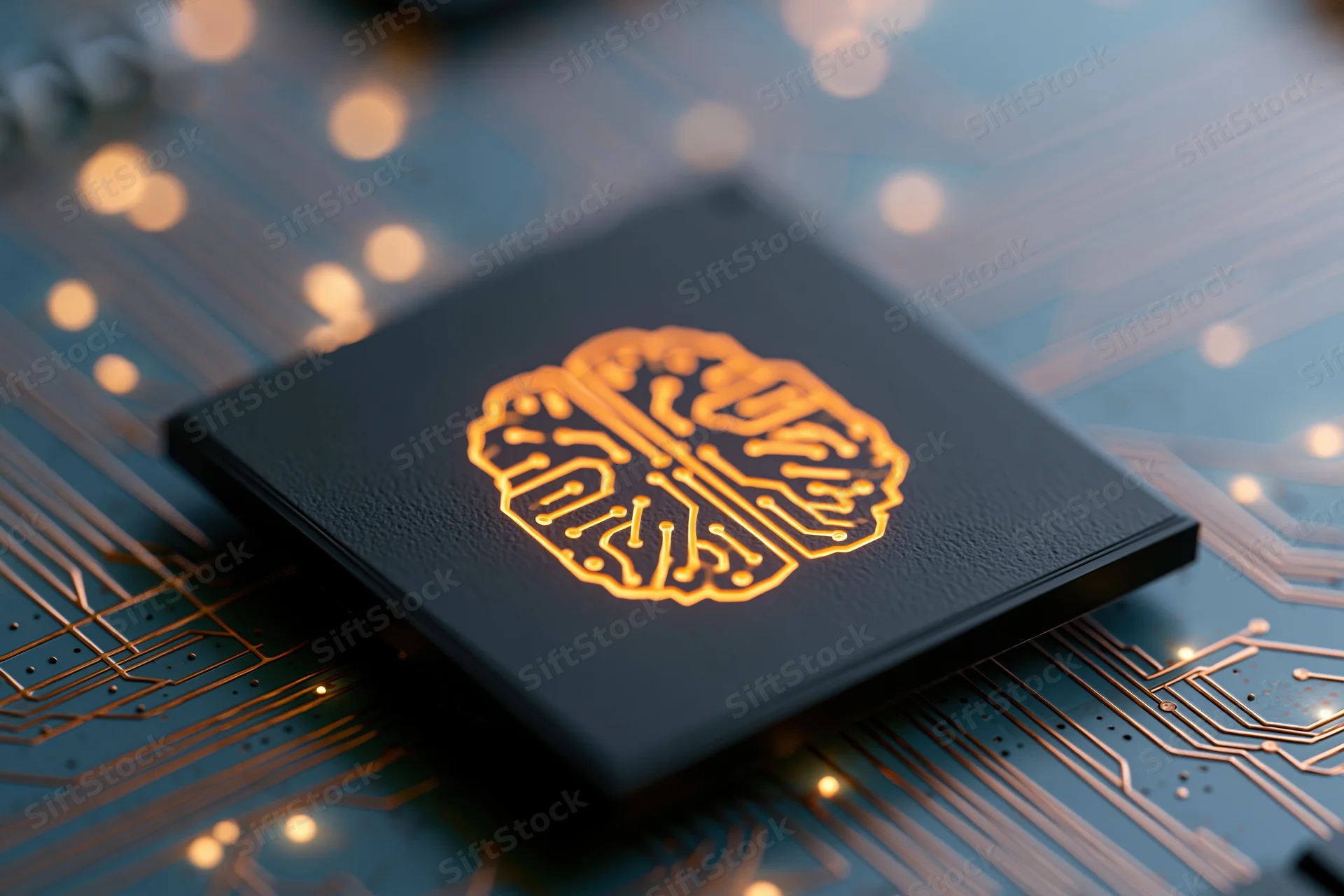 Dark processor chip with glowing orange brain circuit on a blue circuit board