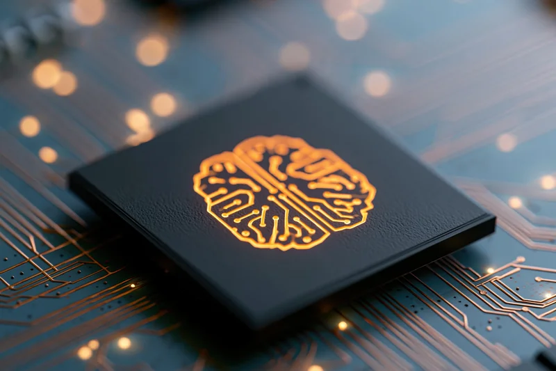 Dark processor chip with glowing orange brain circuit on a blue circuit board