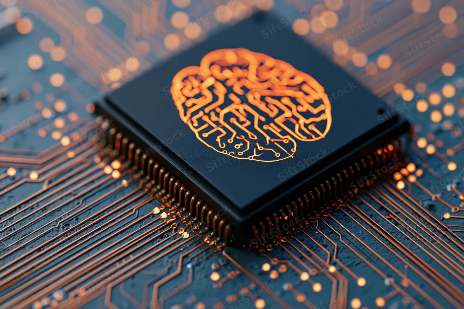 Dark processor chip with glowing orange brain circuit on a blue circuit board