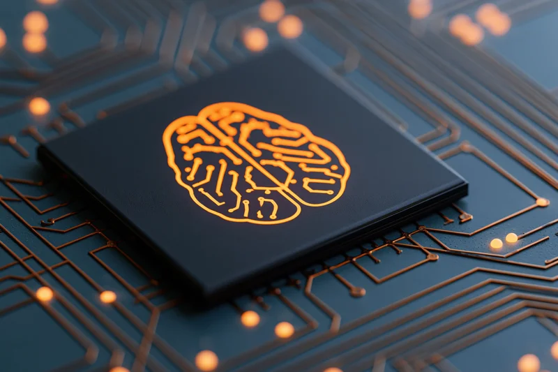 Dark processor chip with glowing orange brain circuit on a blue circuit board