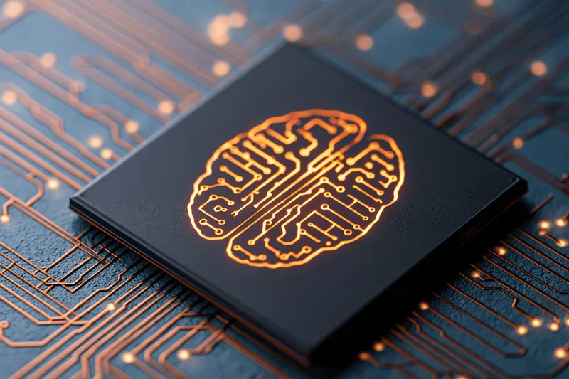 Glowing brain circuit on a dark processor chip resting on a blue circuit board