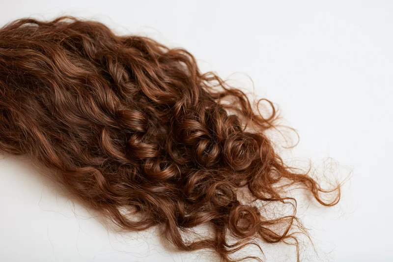Detached clump of long curly dark brown hair lying on white surface