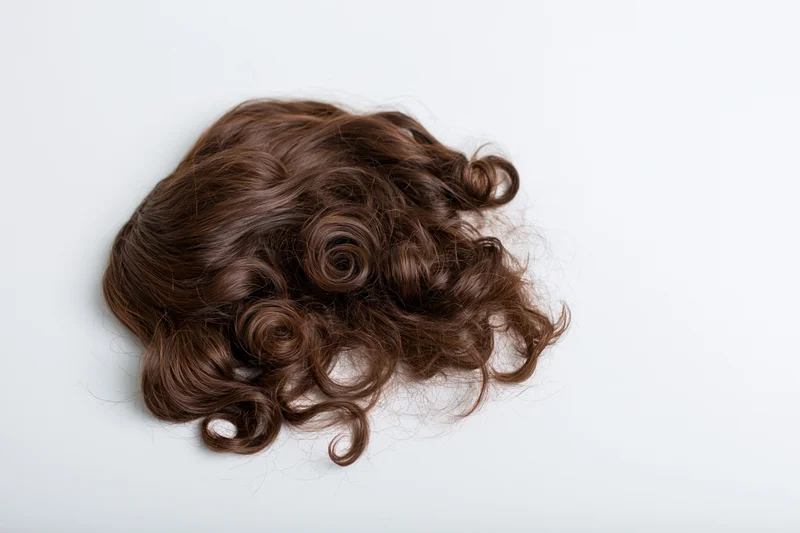 Detached clump of long curly dark brown hair lying on a white surface