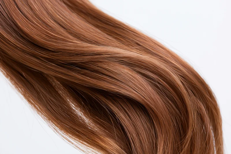 Flowing auburn-brown hair in motion against a white background